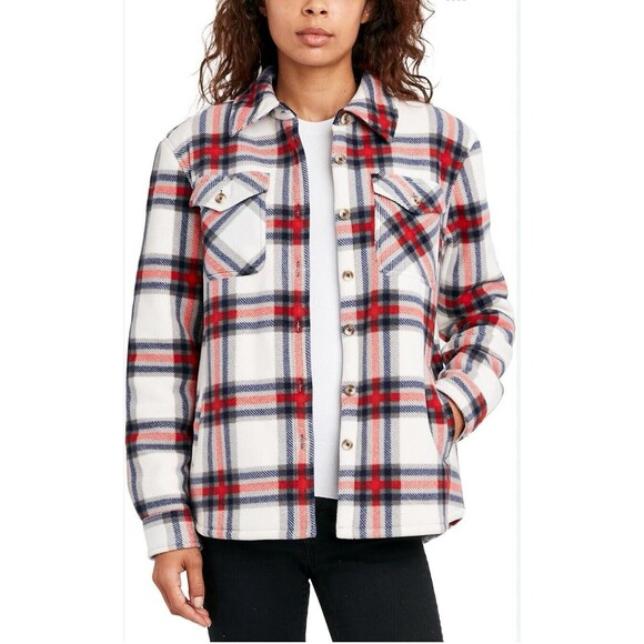 Sage Collective Plaid Shacket Womens XL White Red Blue Sherpa Lined Classic Gorp - Picture 1 of 16